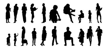 Vektör siluetleri, insanların ana hatları, Contour çizimleri, insanların siluetleri, ikon kümesi izole edilmiş, oturan insanların silueti, mimari set