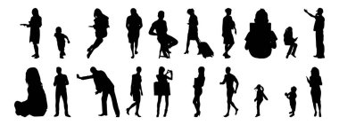 Vektör siluetleri, insanların ana hatları, Contour çizimleri, insanların siluetleri, ikon kümesi izole edilmiş, oturan insanların silueti, mimari set