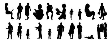 Vektör siluetleri, insanların ana hatları, Contour çizimleri, insanların siluetleri, ikon kümesi izole edilmiş, oturan insanların silueti, mimari set