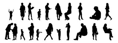 Vektör siluetleri, insanların ana hatları, Contour çizimleri, insanların siluetleri, ikon kümesi izole edilmiş, oturan insanların silueti, mimari set