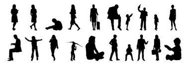 Vektör siluetleri, insanların ana hatları, Contour çizimleri, insanların siluetleri, ikon kümesi izole edilmiş, oturan insanların silueti, mimari set