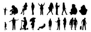 Vektör siluetleri, insanların ana hatları, Contour çizimleri, insanların siluetleri, ikon kümesi izole edilmiş, oturan insanların silueti, mimari set