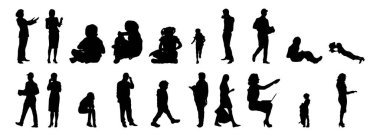 Vektör siluetleri, insanların ana hatları, Contour çizimleri, insanların siluetleri, ikon kümesi izole edilmiş, oturan insanların silueti, mimari set