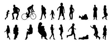 Vektör siluetleri, insanların ana hatları, Contour çizimleri, insanların siluetleri, ikon kümesi izole edilmiş, oturan insanların silueti, mimari set