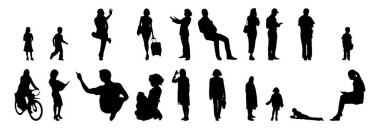 Vektör siluetleri, insanların ana hatları, Contour çizimleri, insanların siluetleri, ikon kümesi izole edilmiş, oturan insanların silueti, mimari set