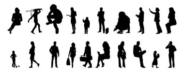 Vektör siluetleri, insanların ana hatları, Contour çizimleri, insanların siluetleri, ikon kümesi izole edilmiş, oturan insanların silueti, mimari set