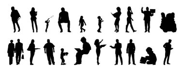 Vektör siluetleri, insanların ana hatları, Contour çizimleri, insanların siluetleri, ikon kümesi izole edilmiş, oturan insanların silueti, mimari set