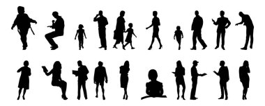 Vektör siluetleri, insanların ana hatları, Contour çizimleri, insanların siluetleri, ikon kümesi izole edilmiş, oturan insanların silueti, mimari set