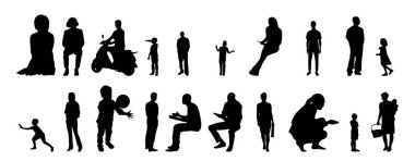 Vektör siluetleri, insanların ana hatları, Contour çizimleri, insanların siluetleri, ikon kümesi izole edilmiş, oturan insanların silueti, mimari set