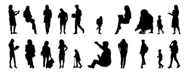 Vektör siluetleri, insanların ana hatları, Contour çizimleri, insanların siluetleri, ikon kümesi izole edilmiş, oturan insanların silueti, mimari set