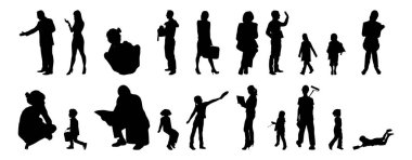 Vektör siluetleri, insanların ana hatları, Contour çizimleri, insanların siluetleri, ikon kümesi izole edilmiş, oturan insanların silueti, mimari set