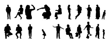 Vektör siluetleri, insanların ana hatları, Contour çizimleri, insanların siluetleri, ikon kümesi izole edilmiş, oturan insanların silueti, mimari set
