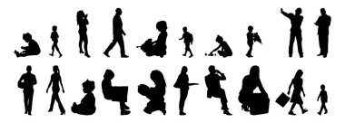 Vektör siluetleri, insanların ana hatları, Contour çizimleri, insanların siluetleri, ikon kümesi izole edilmiş, oturan insanların silueti, mimari set