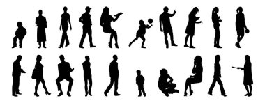 Vektör siluetleri, insanların ana hatları, Contour çizimleri, insanların siluetleri, ikon kümesi izole edilmiş, oturan insanların silueti, mimari set