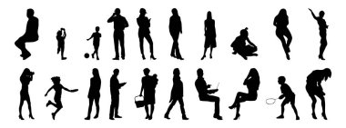 Vektör siluetleri, insanların ana hatları, Contour çizimleri, insanların siluetleri, ikon kümesi izole edilmiş, oturan insanların silueti, mimari set