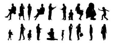 Vektör siluetleri, insanların ana hatları, Contour çizimleri, insanların siluetleri, ikon kümesi izole edilmiş, oturan insanların silueti, mimari set