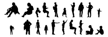 Vektör siluetleri, insanların ana hatları, Contour çizimleri, insanların siluetleri, ikon kümesi izole edilmiş, oturan insanların silueti, mimari set