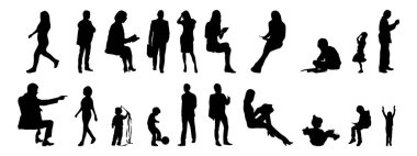 Vektör siluetleri, insanların ana hatları, Contour çizimleri, insanların siluetleri, ikon kümesi izole edilmiş, oturan insanların silueti, mimari set