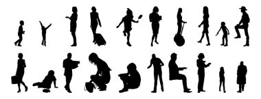 Vektör siluetleri, insanların ana hatları, Contour çizimleri, insanların siluetleri, ikon kümesi izole edilmiş, oturan insanların silueti, mimari set