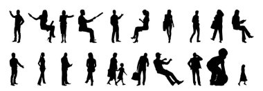 Vektör siluetleri, insanların ana hatları, Contour çizimleri, insanların siluetleri, ikon kümesi izole edilmiş, oturan insanların silueti, mimari set