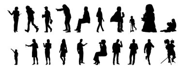 Vektör siluetleri, insanların ana hatları, Contour çizimleri, insanların siluetleri, ikon kümesi izole edilmiş, oturan insanların silueti, mimari set