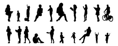 Vektör siluetleri, insanların ana hatları, Contour çizimleri, insanların siluetleri, ikon kümesi izole edilmiş, oturan insanların silueti, mimari set