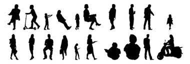 Vektör siluetleri, insanların ana hatları, Contour çizimleri, insanların siluetleri, ikon kümesi izole edilmiş, oturan insanların silueti, mimari set