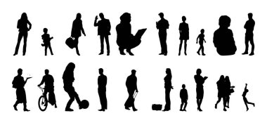 Vektör siluetleri, insanların ana hatları, Contour çizimleri, insanların siluetleri, ikon kümesi izole edilmiş, oturan insanların silueti, mimari set