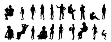 Vektör siluetleri, insanların ana hatları, Contour çizimleri, insanların siluetleri, ikon kümesi izole edilmiş, oturan insanların silueti, mimari set