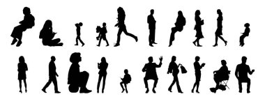 Vektör siluetleri, insanların ana hatları, Contour çizimleri, insanların siluetleri, ikon kümesi izole edilmiş, oturan insanların silueti, mimari set