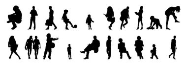 Vektör siluetleri, insanların ana hatları, Contour çizimleri, insanların siluetleri, ikon kümesi izole edilmiş, oturan insanların silueti, mimari set