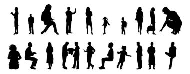 Vektör siluetleri, insanların ana hatları, Contour çizimleri, insanların siluetleri, ikon kümesi izole edilmiş, oturan insanların silueti, mimari set