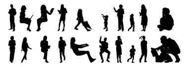 Vektör siluetleri, insanların ana hatları, Contour çizimleri, insanların siluetleri, ikon kümesi izole edilmiş, oturan insanların silueti, mimari set