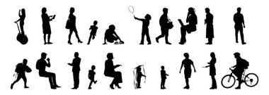 Vektör siluetleri, insanların ana hatları, Contour çizimleri, insanların siluetleri, ikon kümesi izole edilmiş, oturan insanların silueti, mimari set