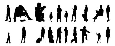 Vektör siluetleri, insanların ana hatları, Contour çizimleri, insanların siluetleri, ikon kümesi izole edilmiş, oturan insanların silueti, mimari set