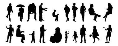 Vektör siluetleri, insanların ana hatları, Contour çizimleri, insanların siluetleri, ikon kümesi izole edilmiş, oturan insanların silueti, mimari set