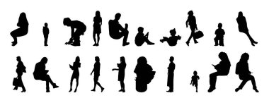 Vektör siluetleri, insanların ana hatları, Contour çizimleri, insanların siluetleri, ikon kümesi izole edilmiş, oturan insanların silueti, mimari set