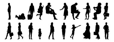 Vektör siluetleri, insanların ana hatları, Contour çizimleri, insanların siluetleri, ikon kümesi izole edilmiş, oturan insanların silueti, mimari set