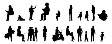 Vektör siluetleri, insanların ana hatları, Contour çizimleri, insanların siluetleri, ikon kümesi izole edilmiş, oturan insanların silueti, mimari set