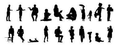 Vektör siluetleri, insanların ana hatları, Contour çizimleri, insanların siluetleri, ikon kümesi izole edilmiş, oturan insanların silueti, mimari set