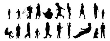 Vektör siluetleri, insanların ana hatları, Contour çizimleri, insanların siluetleri, ikon kümesi izole edilmiş, oturan insanların silueti, mimari set