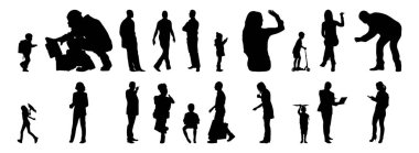 Vektör siluetleri, insanların ana hatları, Contour çizimleri, insanların siluetleri, ikon kümesi izole edilmiş, oturan insanların silueti, mimari set