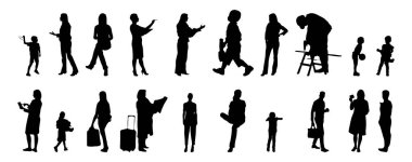 Vektör siluetleri, insanların ana hatları, Contour çizimleri, insanların siluetleri, ikon kümesi izole edilmiş, oturan insanların silueti, mimari set