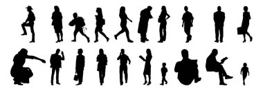 Vektör siluetleri, insanların ana hatları, Contour çizimleri, insanların siluetleri, ikon kümesi izole edilmiş, oturan insanların silueti, mimari set