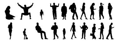 Vektör siluetleri, insanların ana hatları, Contour çizimleri, insanların siluetleri, ikon kümesi izole edilmiş, oturan insanların silueti, mimari set