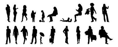 Vektör siluetleri, insanların ana hatları, Contour çizimleri, insanların siluetleri, ikon kümesi izole edilmiş, oturan insanların silueti, mimari set