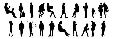 Vektör siluetleri, insanların ana hatları, Contour çizimleri, insanların siluetleri, ikon kümesi izole edilmiş, oturan insanların silueti, mimari set