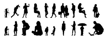 Vektör siluetleri, insanların ana hatları, Contour çizimleri, insanların siluetleri, ikon kümesi izole edilmiş, oturan insanların silueti, mimari set