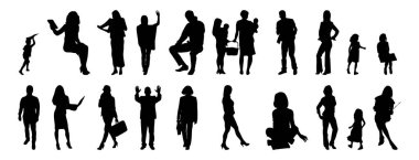 Vektör siluetleri, insanların ana hatları, Contour çizimleri, insanların siluetleri, ikon kümesi izole edilmiş, oturan insanların silueti, mimari set