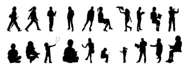 Vektör siluetleri, insanların ana hatları, Contour çizimleri, insanların siluetleri, ikon kümesi izole edilmiş, oturan insanların silueti, mimari set